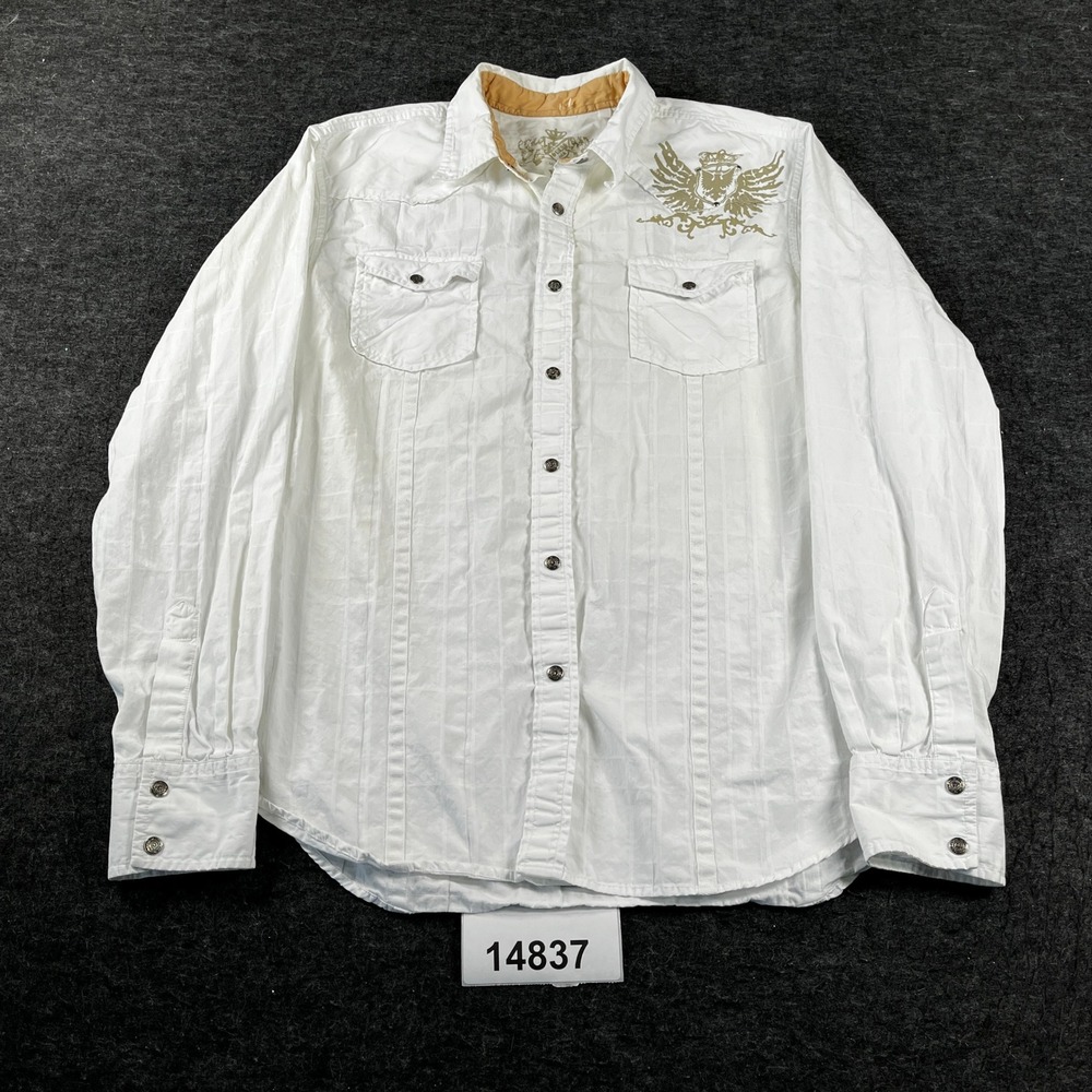 Guess Shirt Mens XL White Long Sleeve Collared Graphic Print Button Up Outdoor